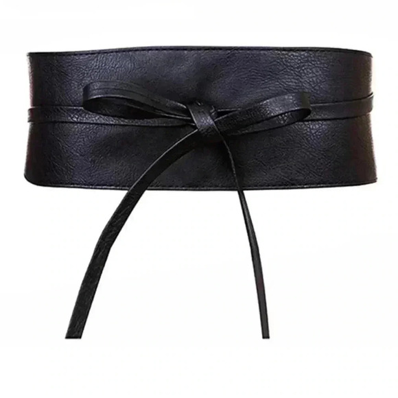 Black Vegan Textured Faux Leather Tie Waist Wide Wrap Corset Belt - Picture 2 of 9